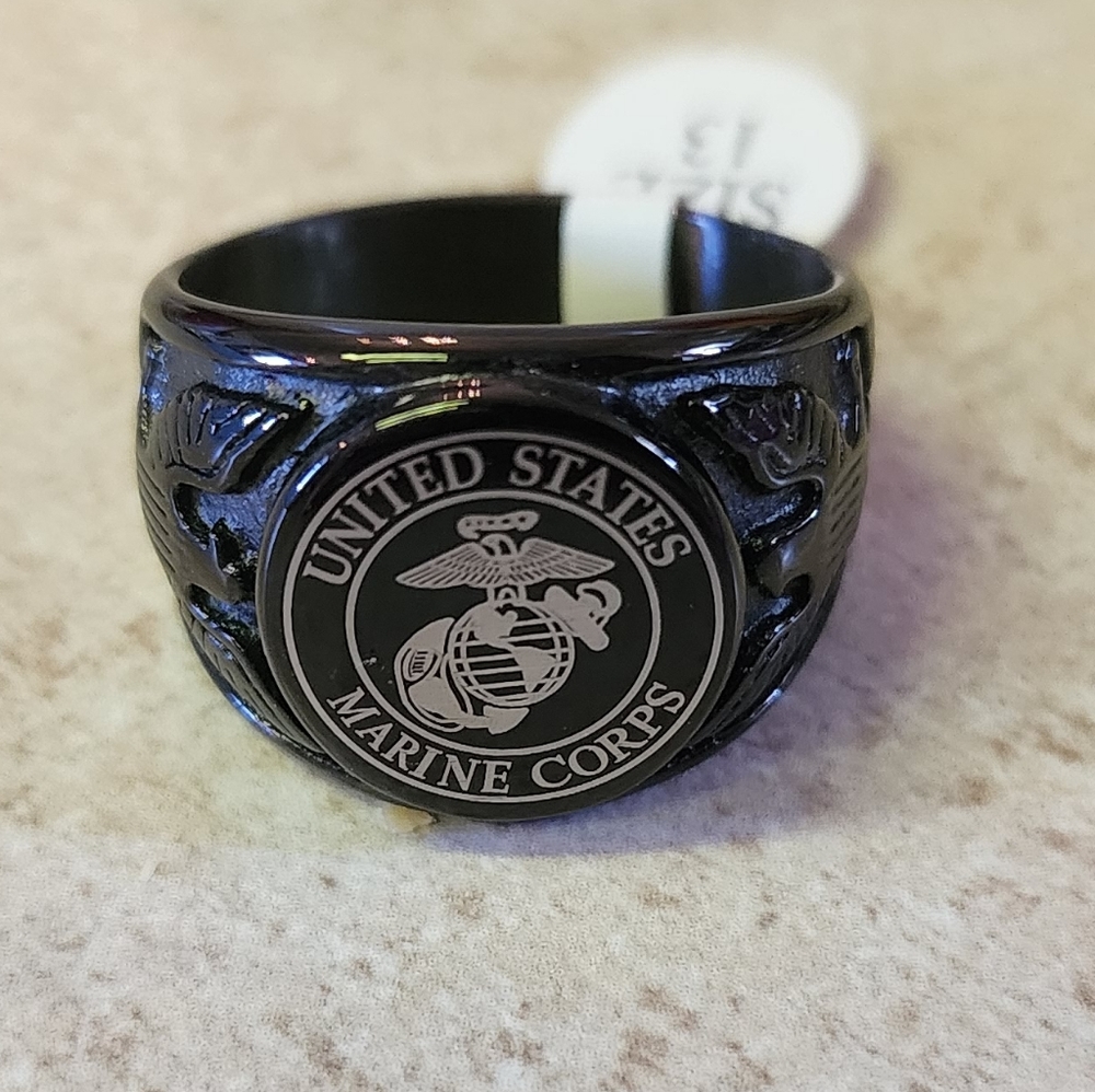 Stainless steel black United States Marine Corps ring size 7 to 13 usually avail